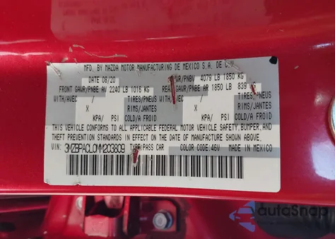 2021 Mazda Mazda3 Preferred из США, поврежденный, VIN 3MZBPACL0MM203809